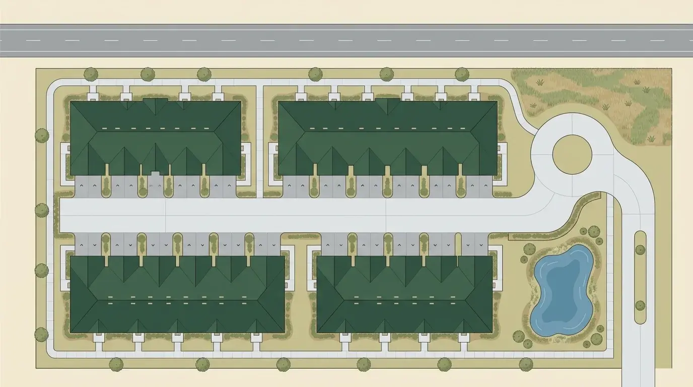 Site plan of Alpine Crossing — four townhome buildings around a central drive, with the cul-de-sac entrance on the right